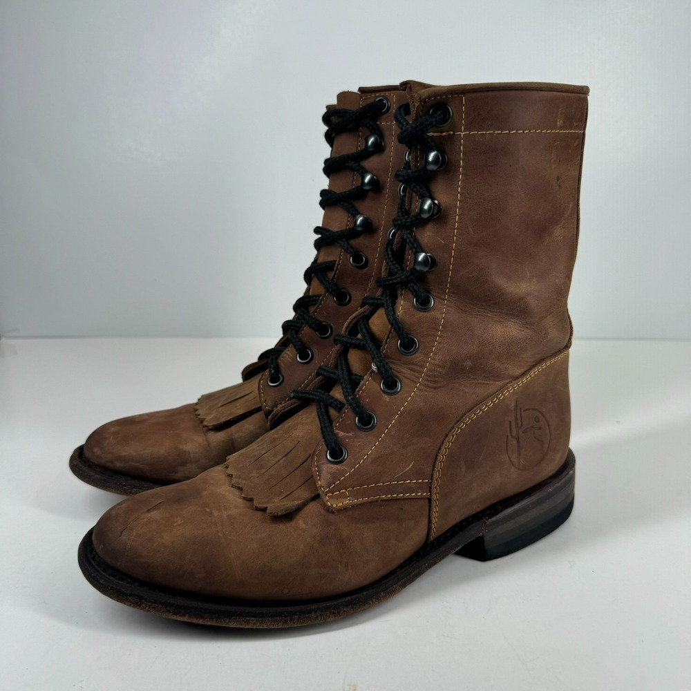Reyme Men's 5‎ Women's 7 Brown Leather Kiltie Lace-Up Packer Roper Western Boots